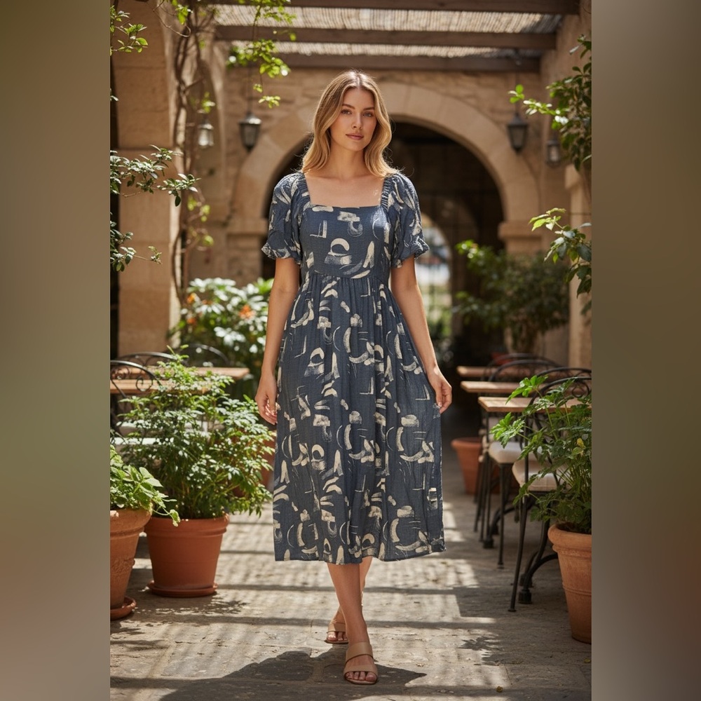 a new day Navy Cream Abstract Puff-Sleeve Square-Neck Midi Dress